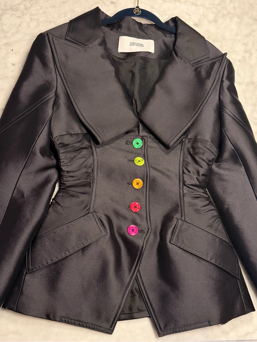 Christopher John Rogers Black Satin Blazer with Rainbow Buttons